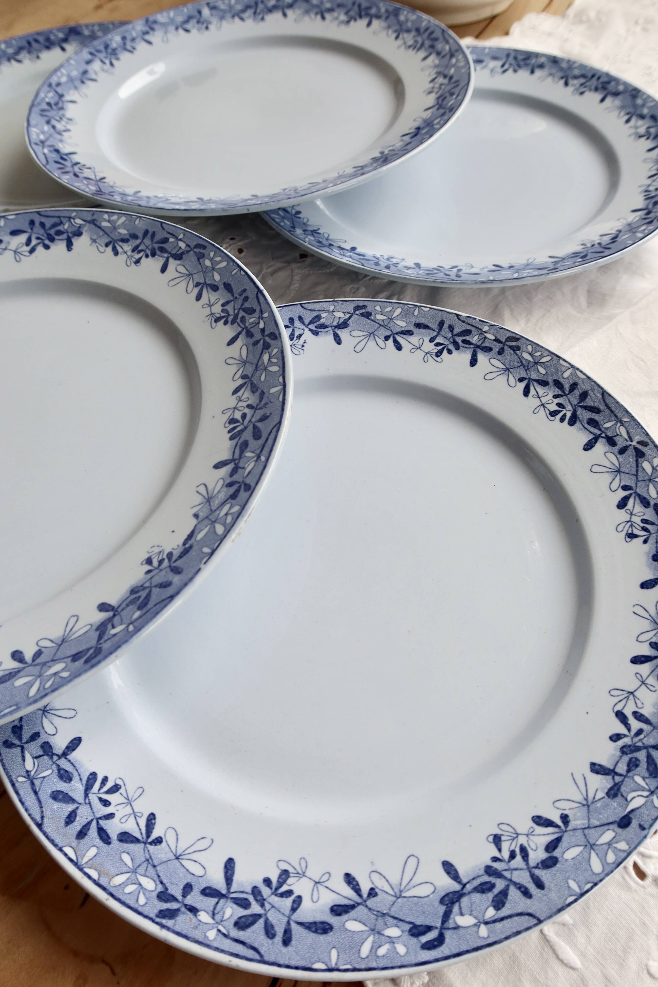 6 antique flat plates from Sarreguemines U&C in the Mimosa blue pattern.