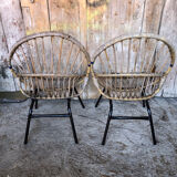 Paire de fauteuil enfant coque rotin & pied metal noir vintage