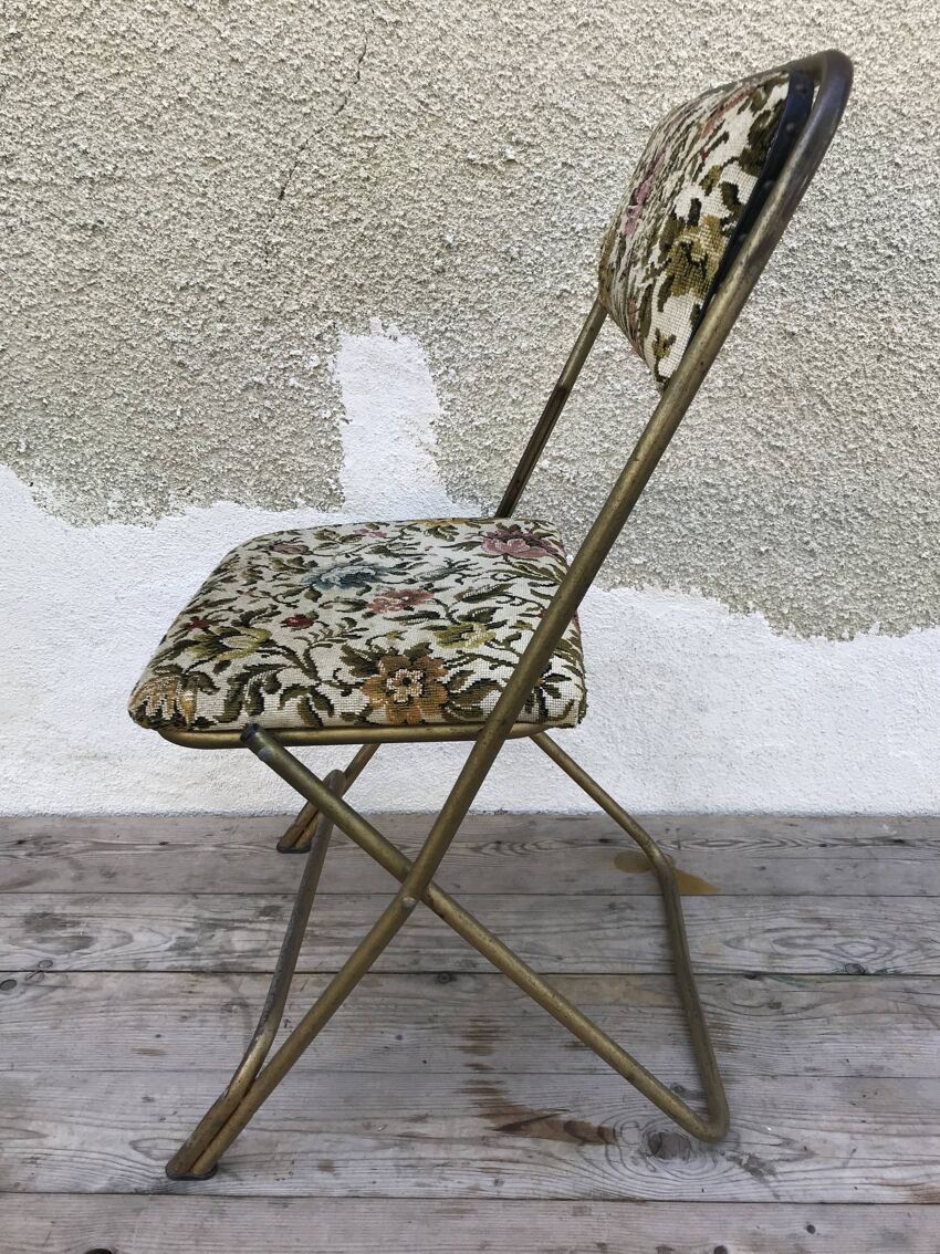 Chaise ancienne pliante Lafuma métal et tissu motif fleurs | Selency