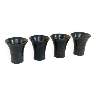 Set of 4 black ceramic mazagrans Accolay, France 1960