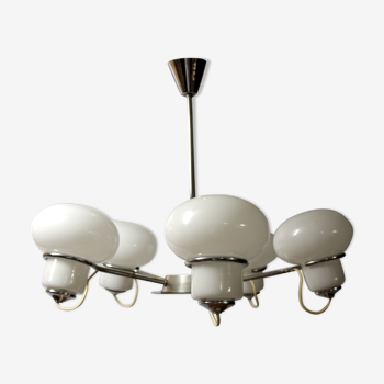 Lustre 5 feux chrome & opaline blanche 70’s