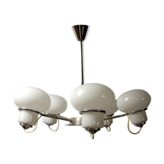 Chandelier 5 light chrome & white opaline 70's
