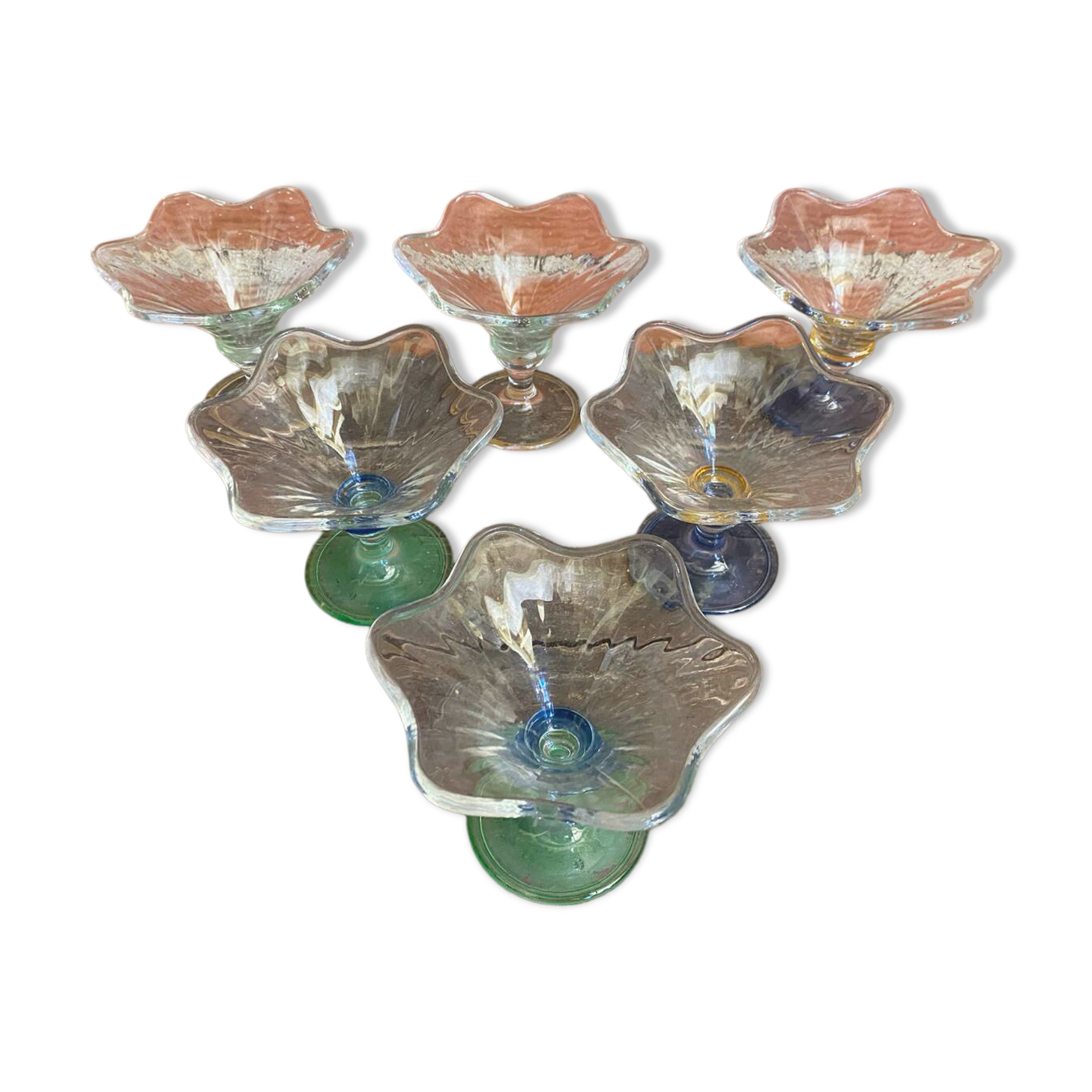 Set of 6 Ice Cream Bowls Design LA ROCHERE Coloured Glass France #D848