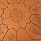 Octagonal coffee table Barrois with vintage herbarium patterns in oak and ceramic.