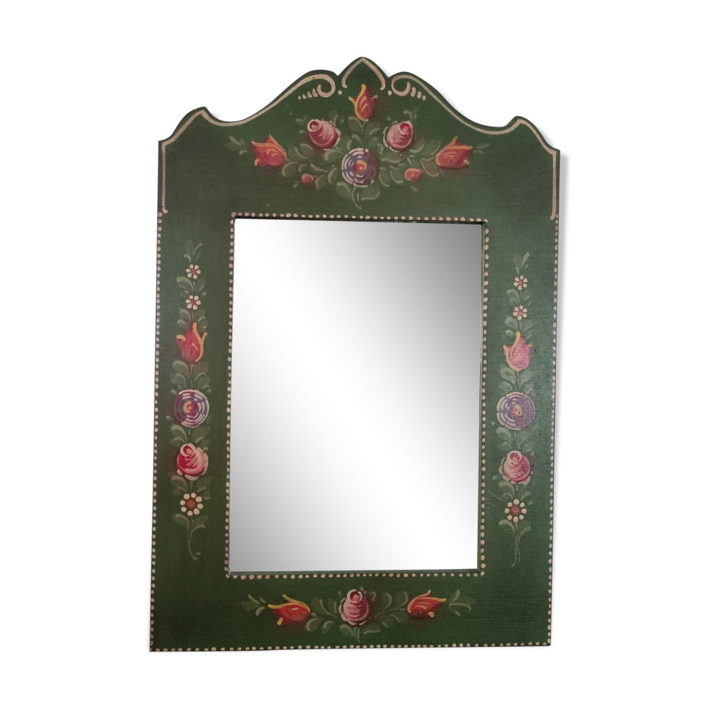 Miroir ancien en bois peint à la main polychrome vert forêt et roses rouges orangées