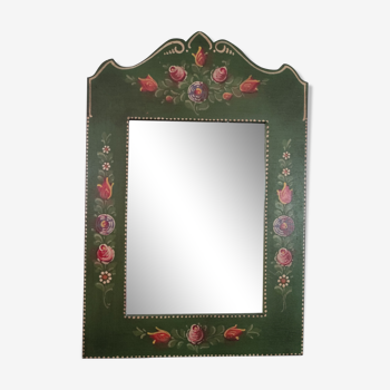 Miroir ancien en bois peint à la main polychrome vert forêt et roses rouges orangées