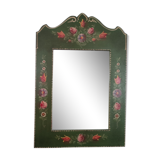 Antique hand-painted wooden mirror polychrome forest green and orange-red roses
