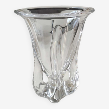 Vase Tulipier en verre cristallin Estampillé Art Vannes France. Forme libre à ondulations