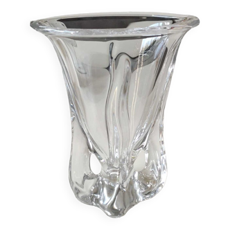 Vase Tulipier en verre cristallin Estampillé Art Vannes France. Forme libre à ondulations