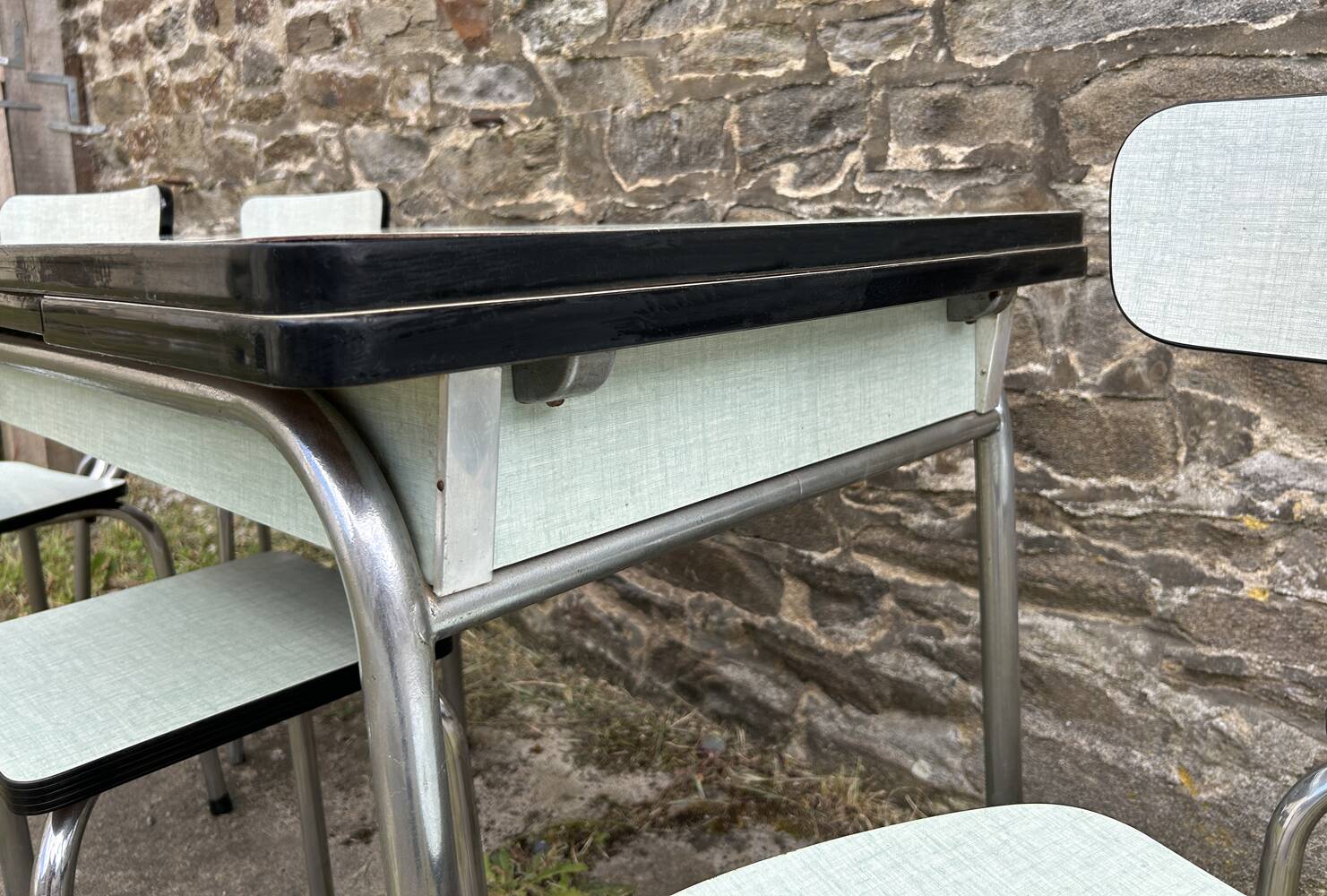 JPP pale green formica table, 4 chairs, 1 stool, 1950s