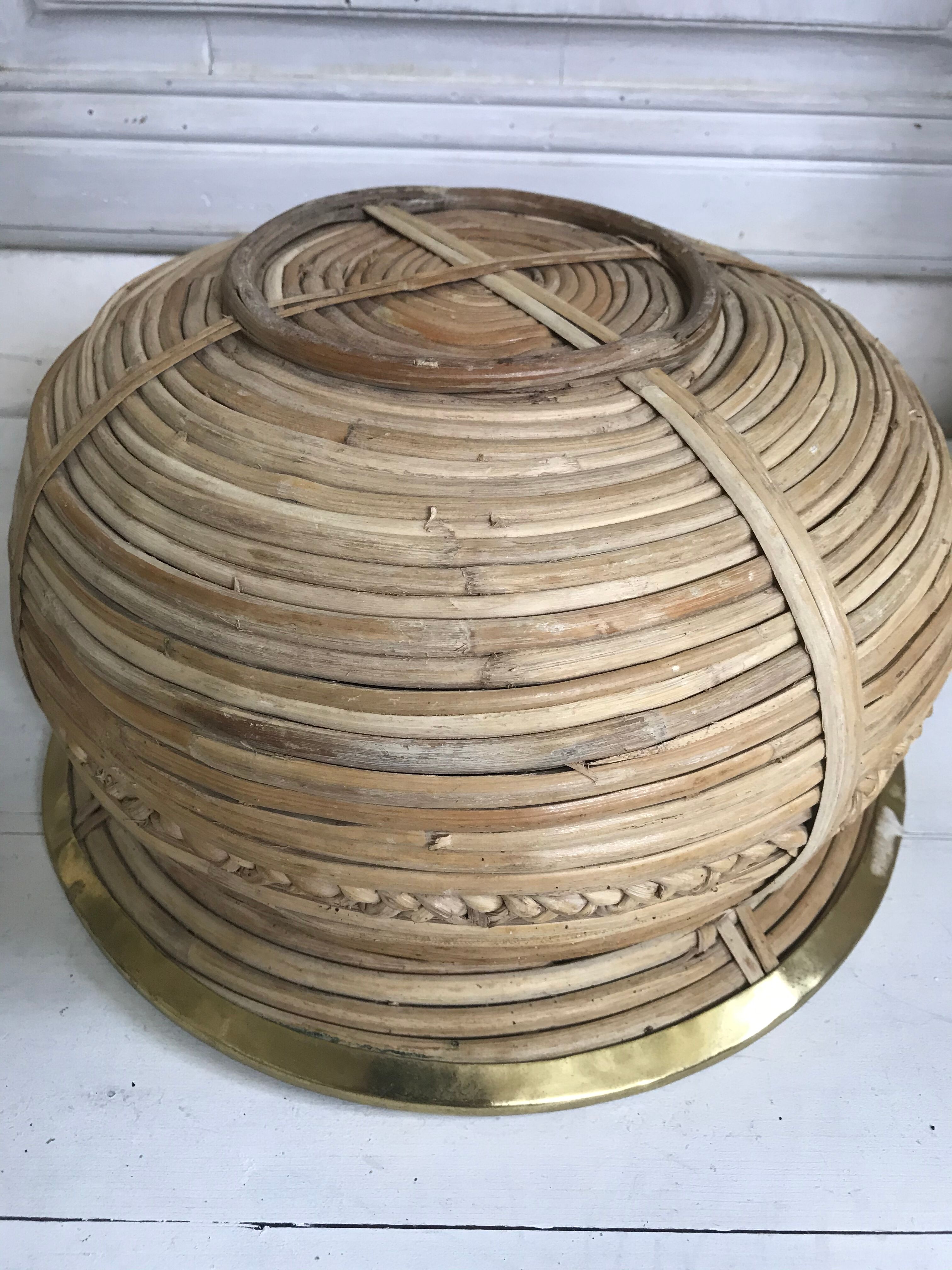 Rattan and vintage brass pot cover