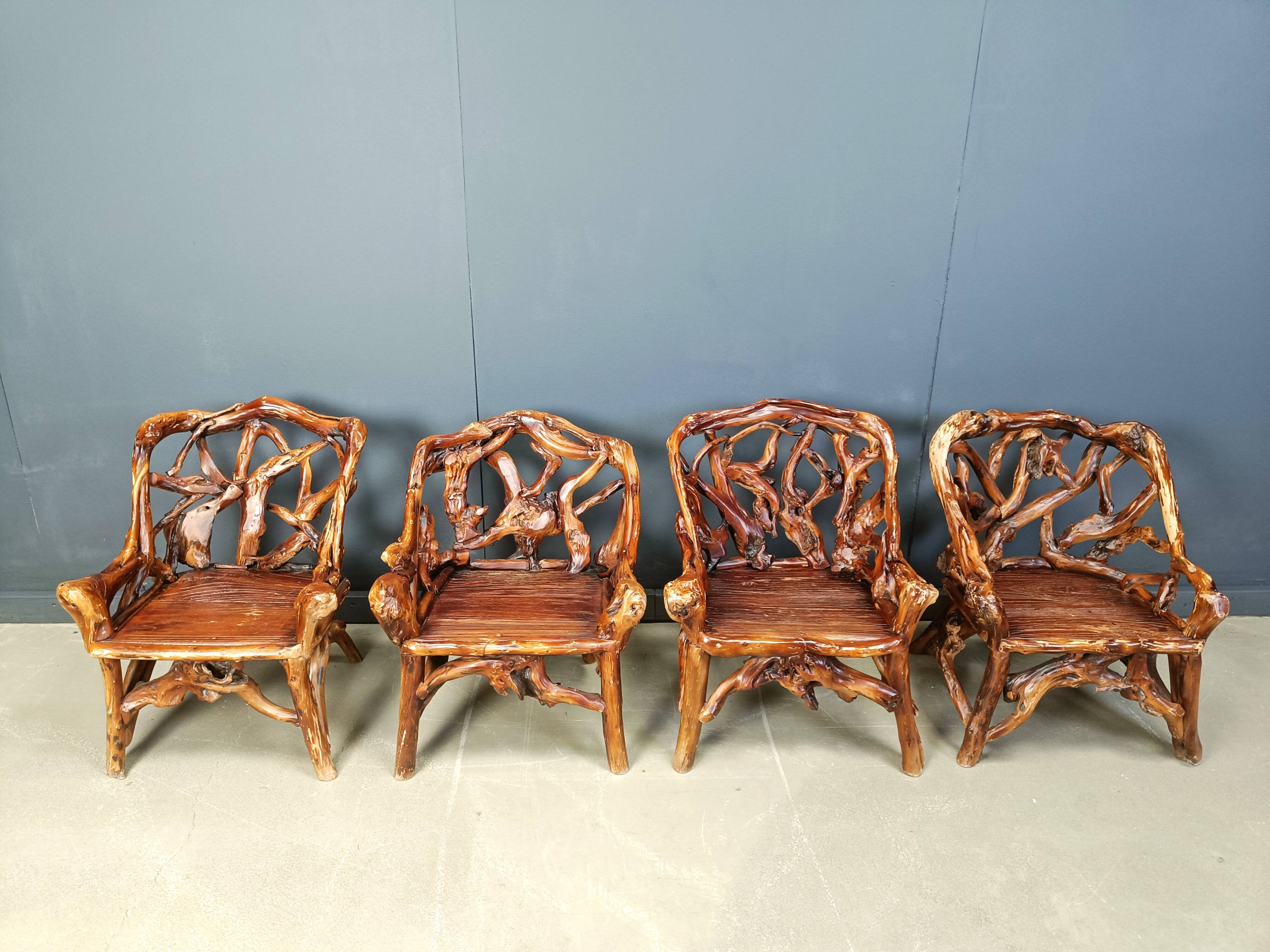 Rustic wood and knotted root armchairs, set of 4 - 1960s