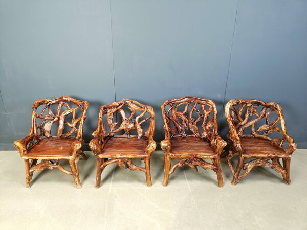 Fauteuils rustiques en bois et racines nouées, lot de 4 - années 1960