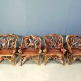 Rustic wood and knotted root armchairs, set of 4 - 1960s