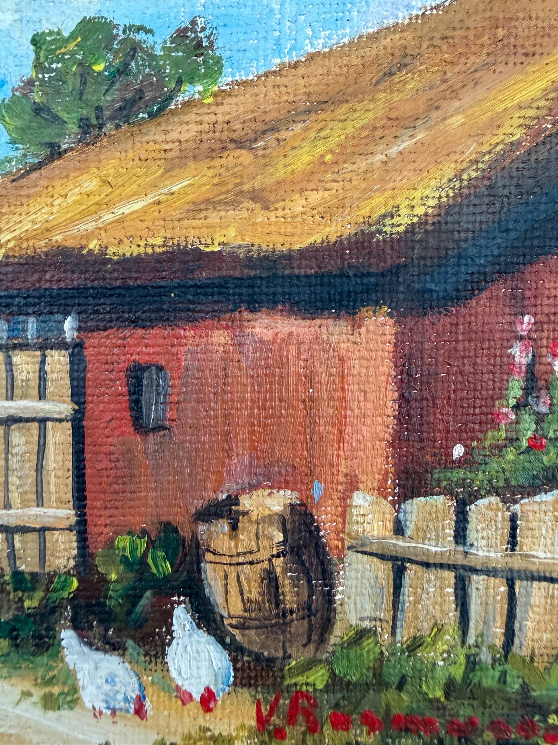Old painting - Red barn and chickens