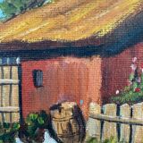 Old painting - Red barn and chickens