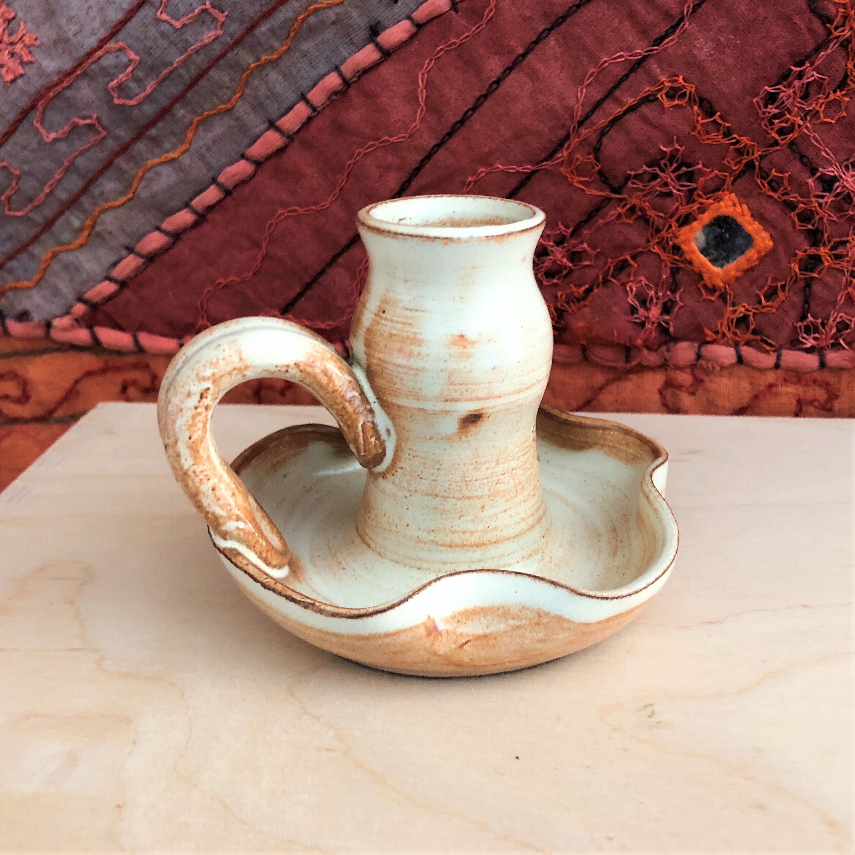 Handmade candle holder in vintage stoneware