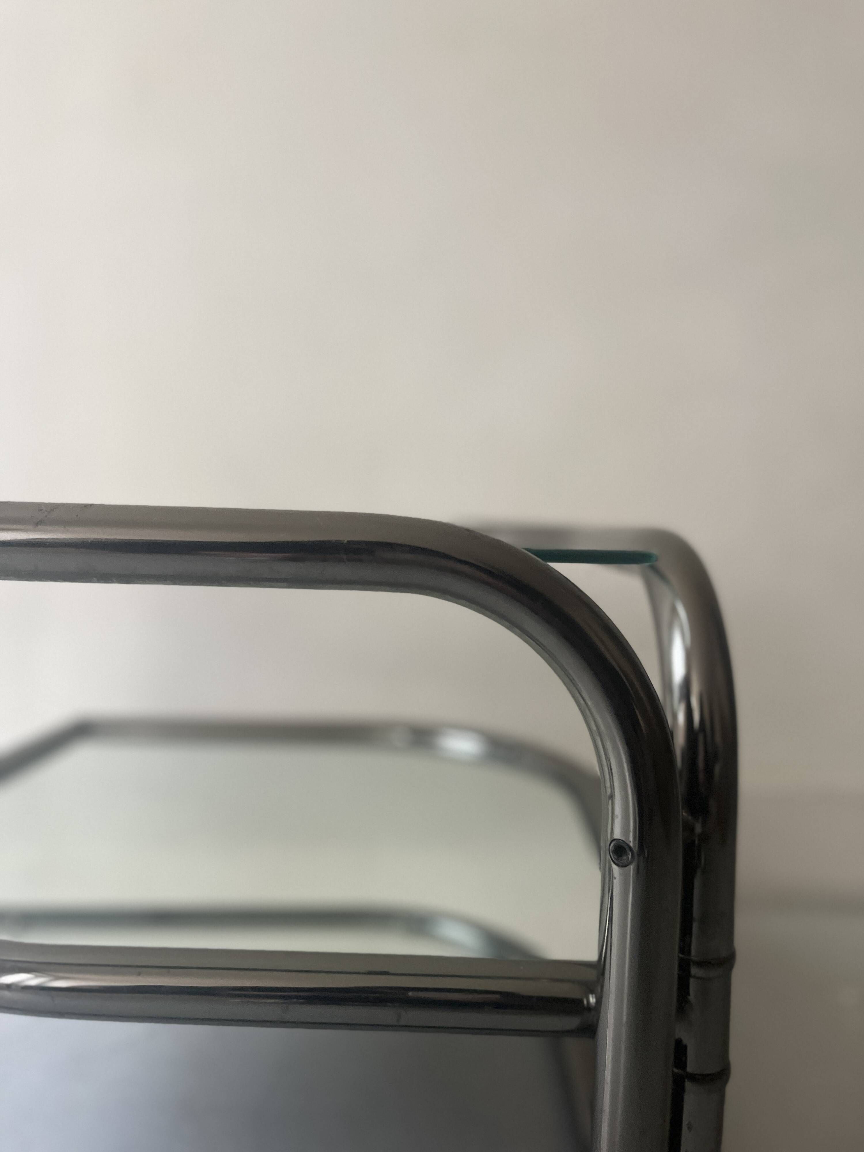 rotating coffee table drop in tubular chrome metal, glass and mirror, design 1970