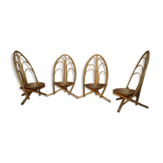 Set of 4 armchairs in rattan and wood