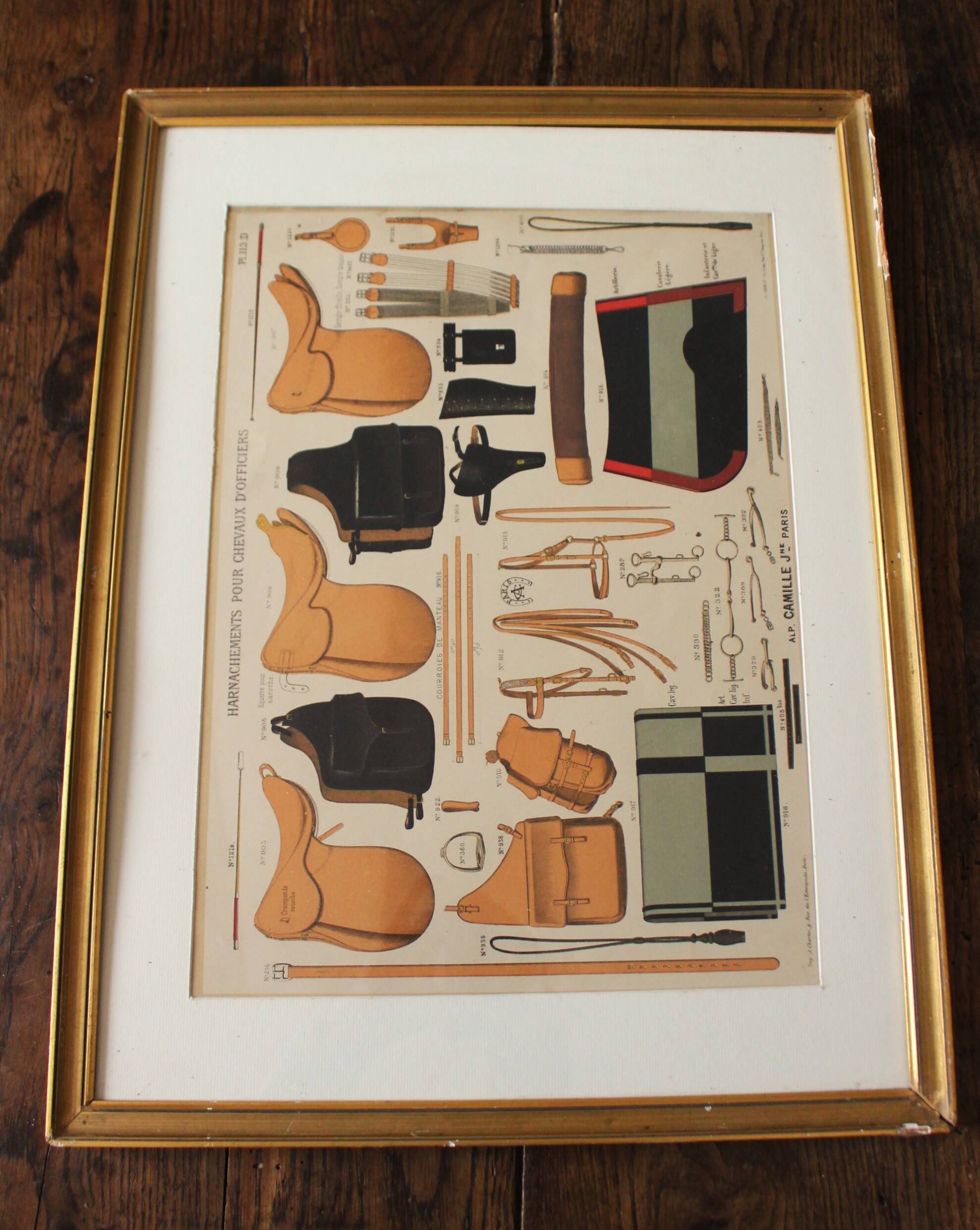 Framed lithograph "horse riding saddlery Alp Camille", late 20th century
