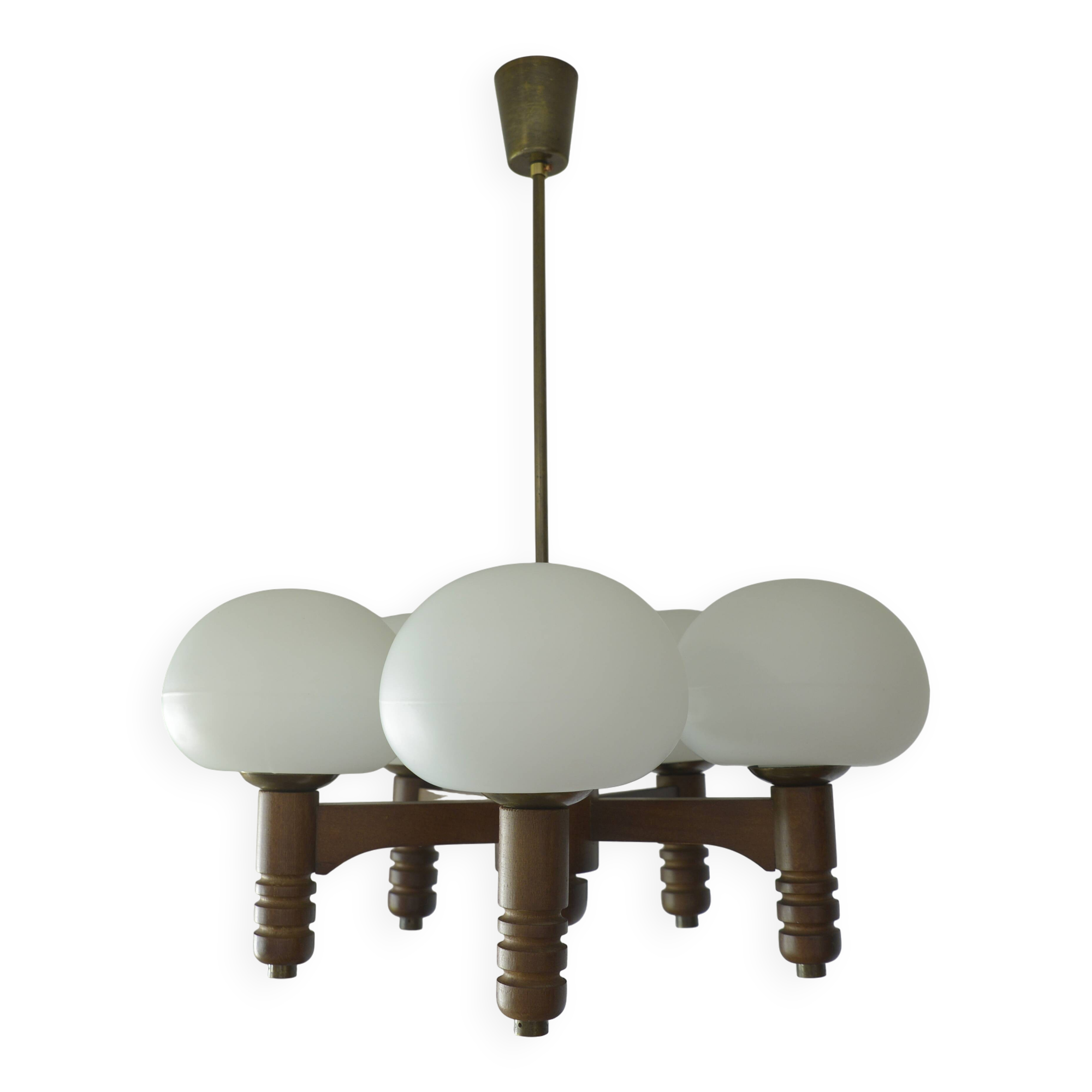 Vintage pendant lam rustic hanging mushroom chandelier wooden light 1970s