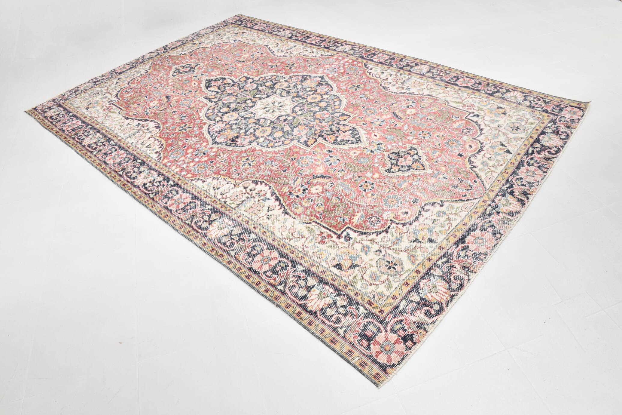 7x10 Vintage Salmon Pink & Navy Blue Vintage Persian Area Rug, 207x315 Cm