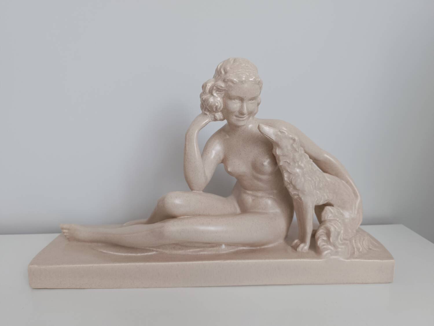 Nude Woman and Her Dog (Greyhound) - Beige Ceramic Statue - Signed Charles Lemanceau - 1930