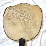 Antique fan - hand screen in painted silk and black wood - white flowers 19th century