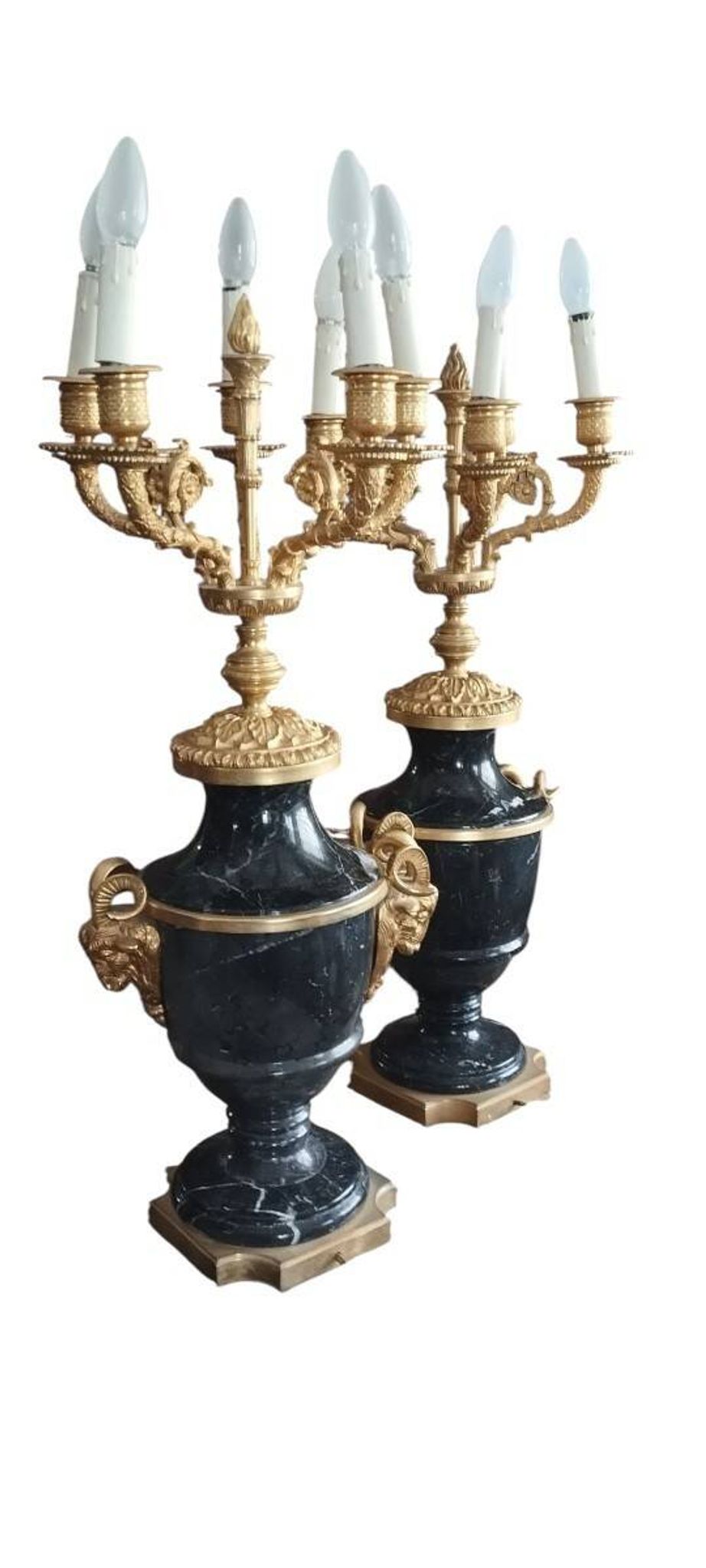 Antique Lumi pair of large marble and mercury-gilt bronze candelabras