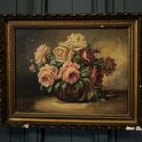 Oil on panel signed still life bouquet of roses 1936