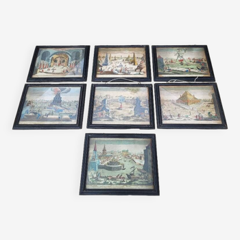 Series of 7 frames with engravings written in latin 7 wonders of the world from the 17th century