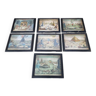 Series of 7 frames with engravings written in latin 7 wonders of the world from the 17th century