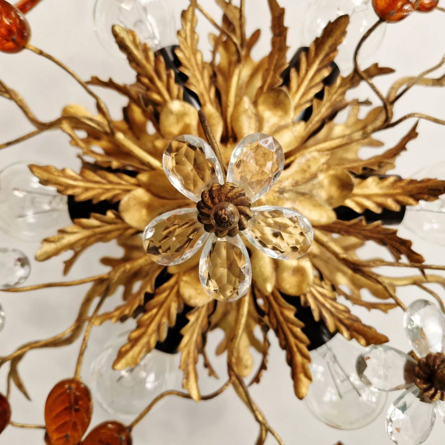 Floral ceiling light in gilded metal and crystal, Banci Firenze (Italy), 1970.