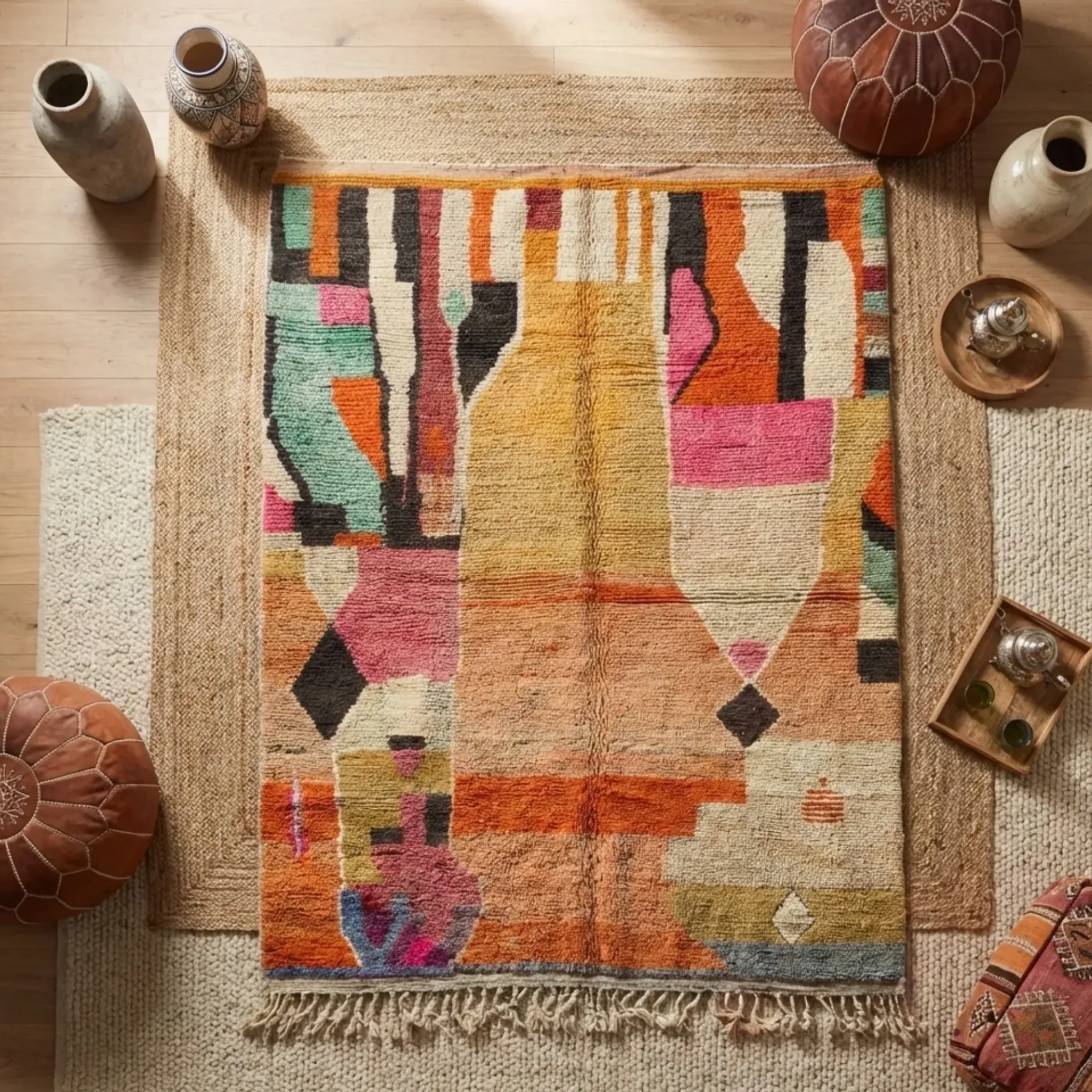 Moroccan handwoven wool rug in colour block peach, pink, teal, and orange, 122x183 cm.