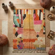 Moroccan handwoven wool rug in colour block peach, pink, teal, and orange, 122x183 cm.