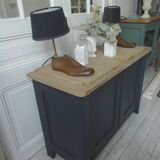 Small low Parisian sideboard re-enchanted in slate gray, medium oak waxed top.
