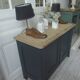 Small low Parisian sideboard re-enchanted in slate gray, medium oak waxed top.