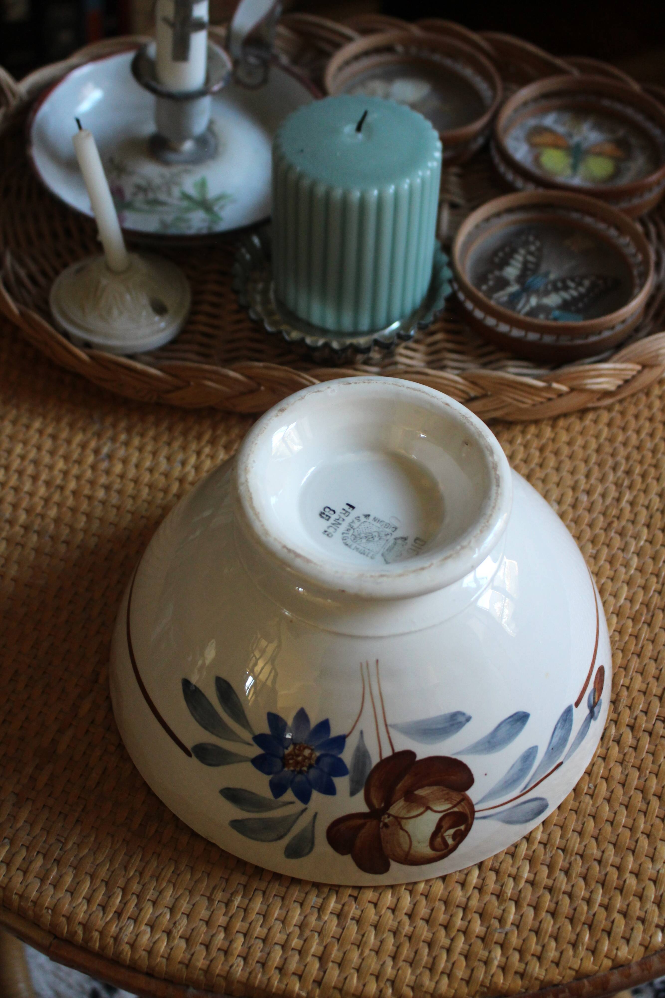 Grand Bol sur pied Faïence Digoin Sarreguemines fleurs brun bleu