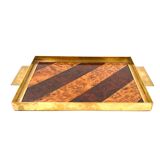 Brass and inlaid woods tray, italy 1970s