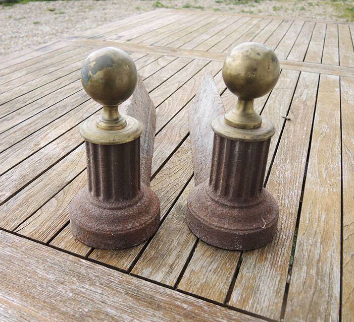Antique neoclassical cast iron & brass fireplace andirons