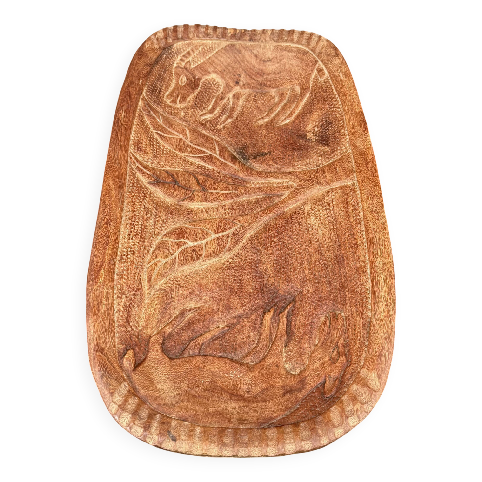 Large carved wall shelf – Stylized goat and billy goat in exotic wood