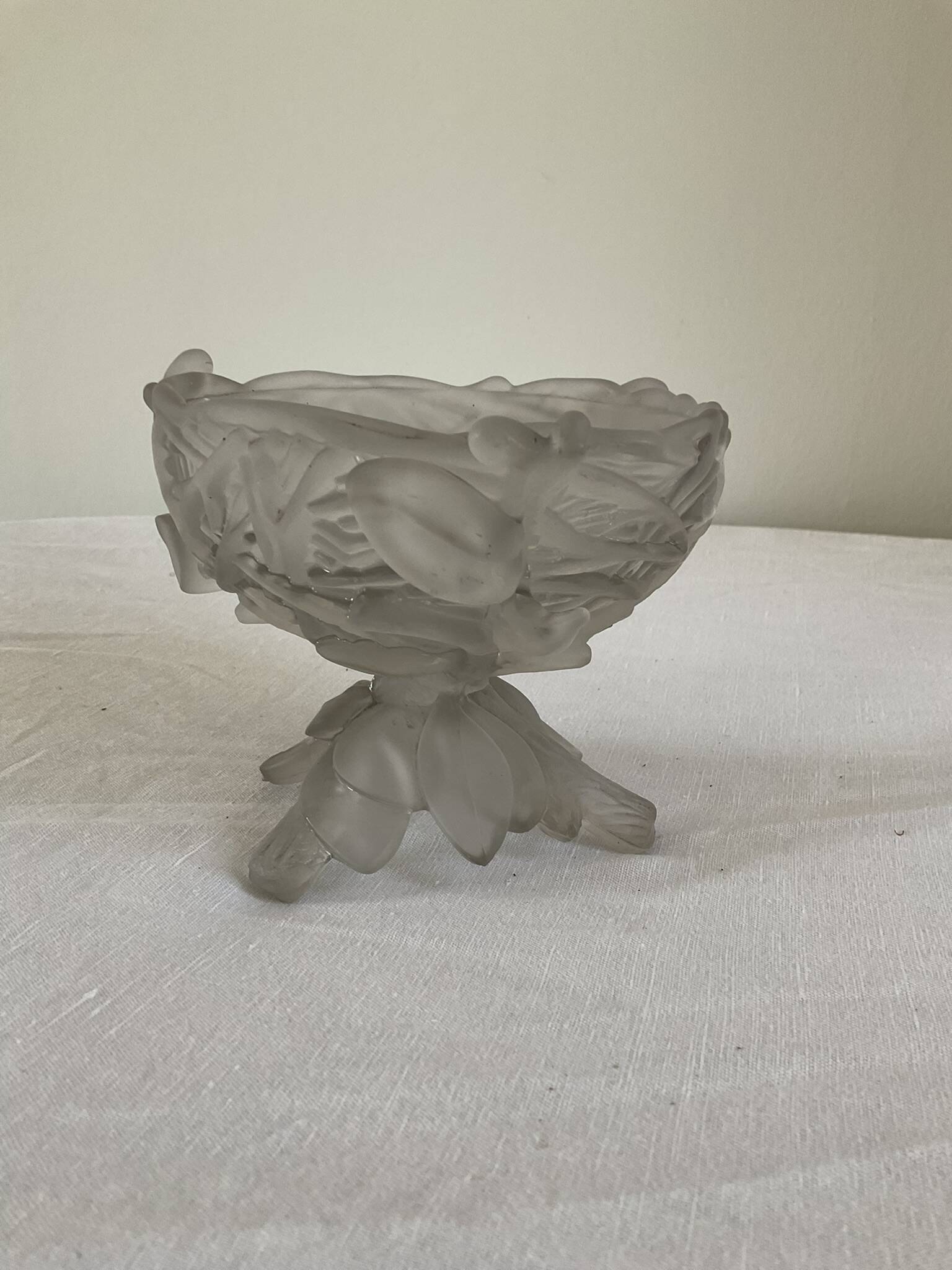 Vintage frosted glass coupe with a fruit and foliage design.