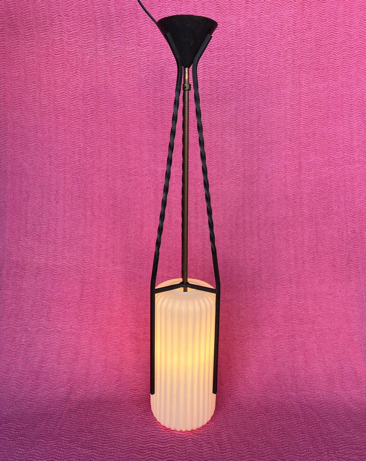 LAMP/IRON SUSPENSION FORGED OPAQUE WHITE GLASS CYLINDRICAL TUBE