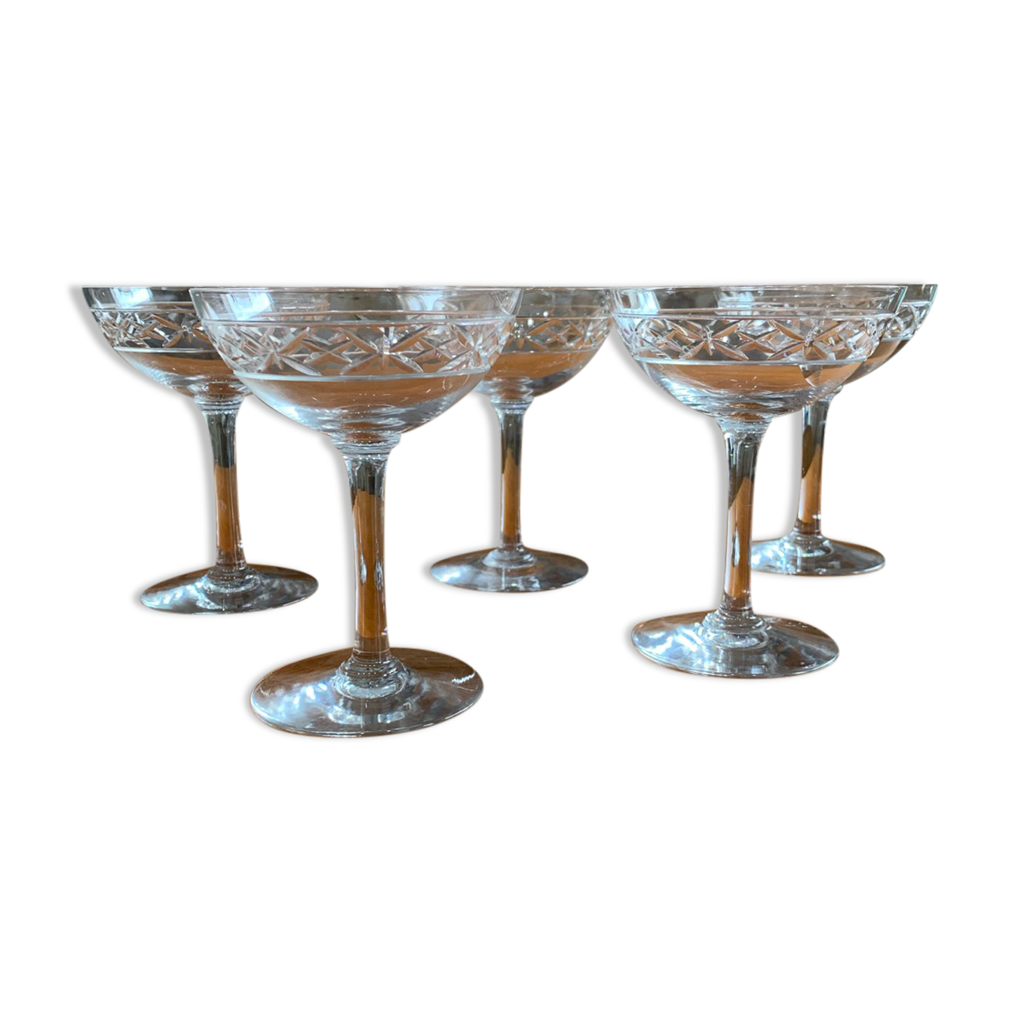5 old champagne glasses
