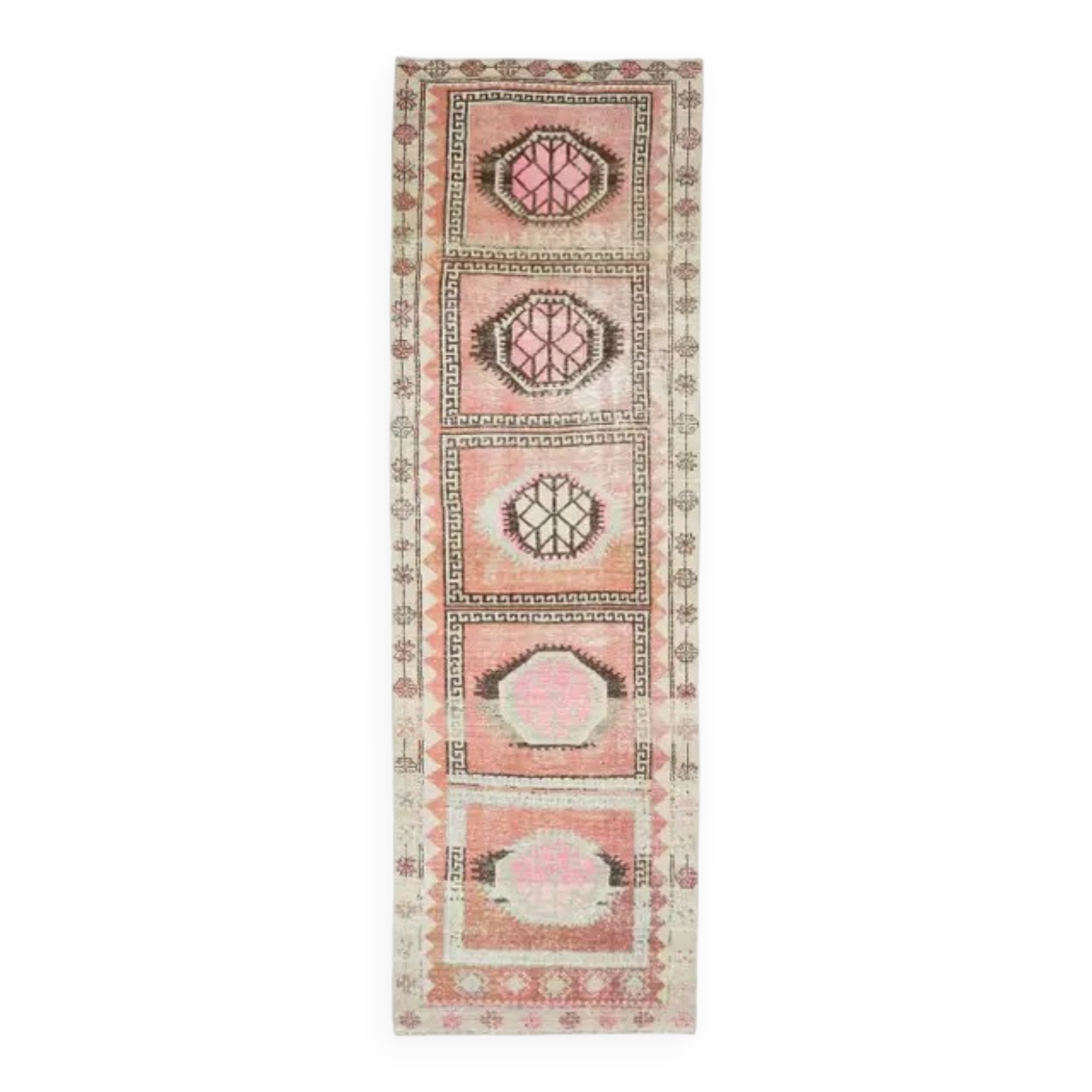 Vintage Turkish Hand-Knotted Wool Cotton Pink Runner Rug 99x345