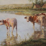Oil on canvas depicting cows at the edge of the pond circa 1900