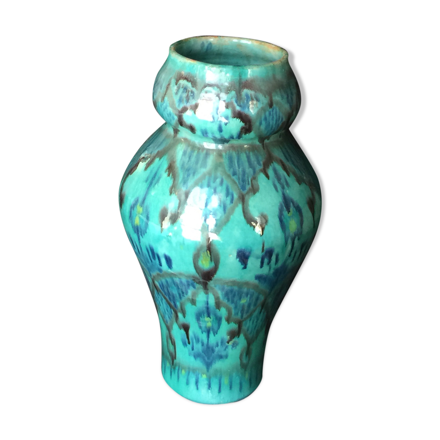 Enamelled ceramic vase, with a flaming blue-green décor
