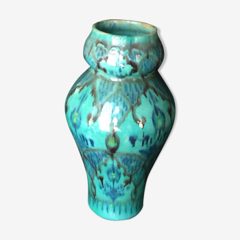 Enamelled ceramic vase, with a flaming blue-green décor