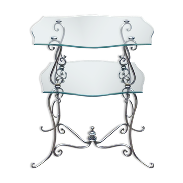 Table basse à deux niveaux du milieu du siècle en laiton et cristal chromés