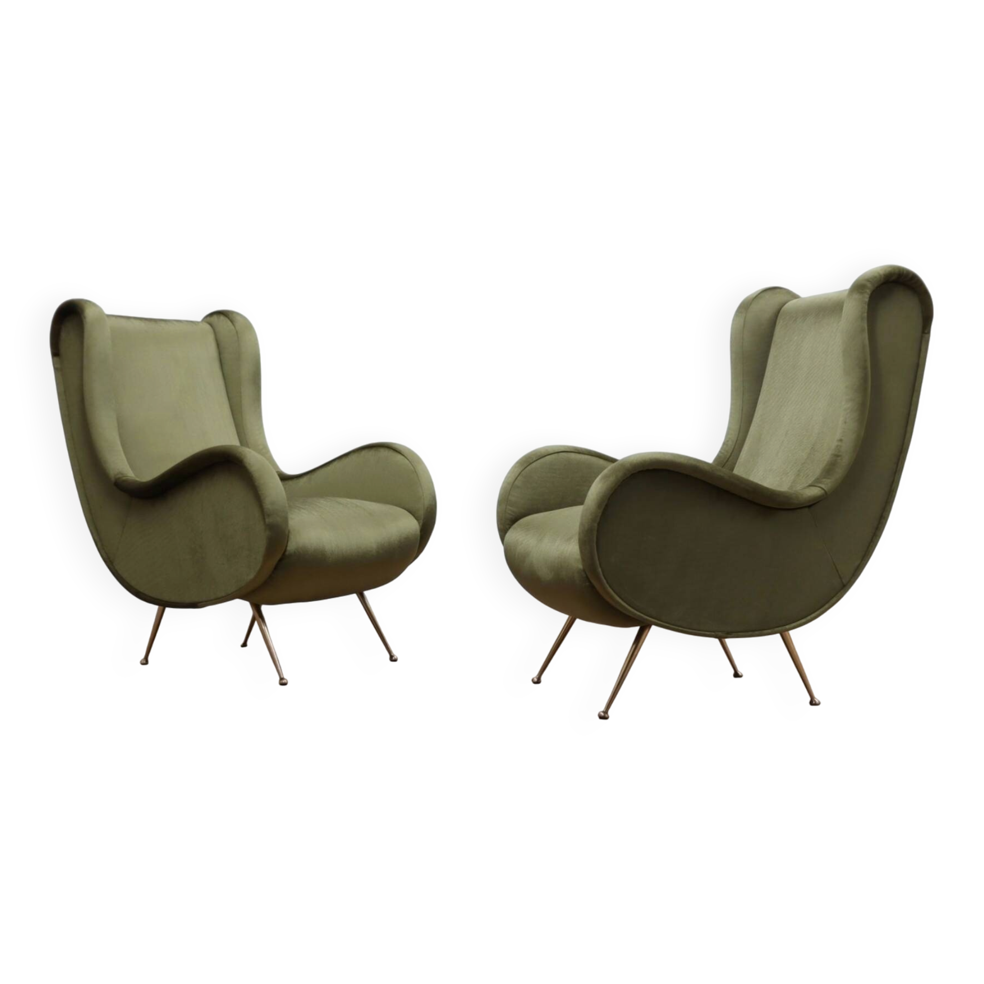 Paire de fauteuils italiens des années 1950 style Senior Zanuso en velours vert.